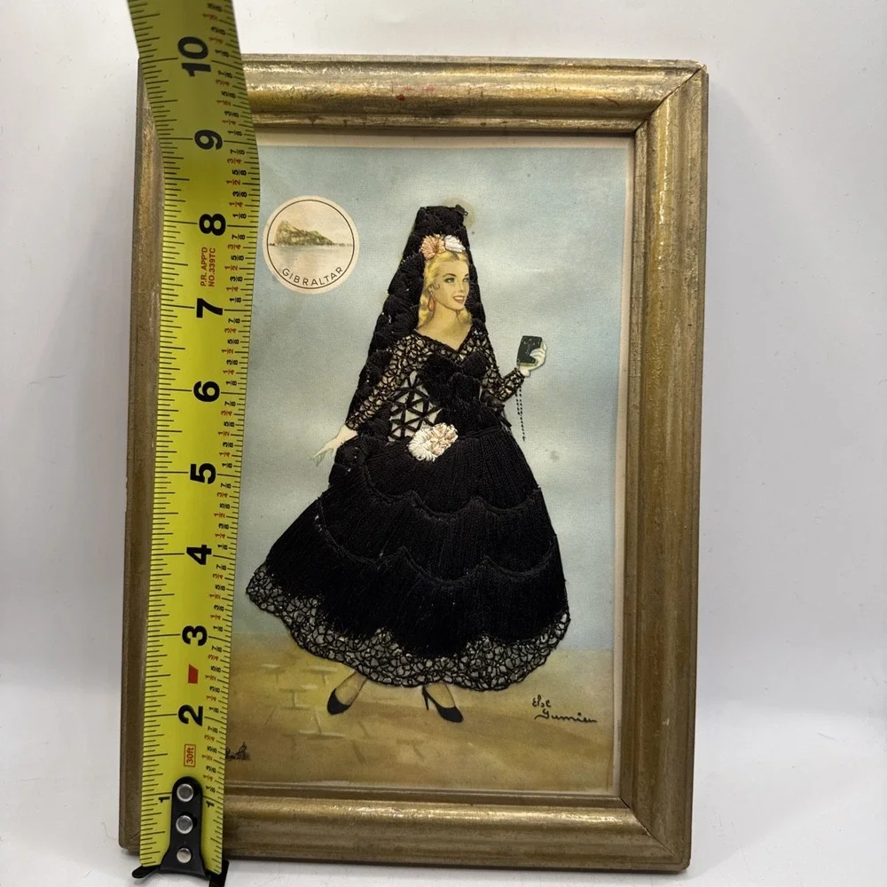 Antique Embroidered Framed Picture Women In Black Gown Signed